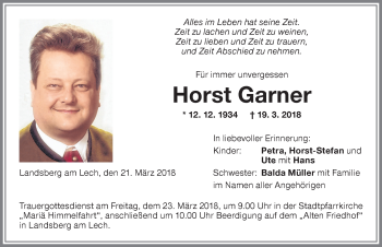 Traueranzeige von Horst Garner von Allgäuer Zeitung, Kaufbeuren/Buchloe