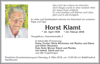 Traueranzeige von Horst Klamt von Allgäuer Zeitung, Kaufbeuren/Buchloe