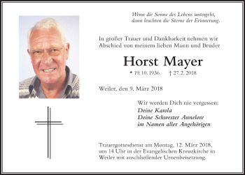 Traueranzeige von Horst Mayer von Der Westallgäuer