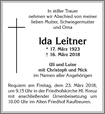 Traueranzeige von Ida Leitner von Allgäuer Zeitung, Kaufbeuren/Buchloe