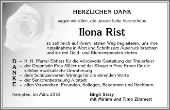 Traueranzeige von Ilona Rist von Allgäuer Zeitung,Kempten