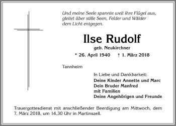 Traueranzeige von Ilse Rudolf von Allgäuer Zeitung,Kempten