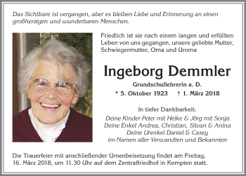Traueranzeige von Ingeborg Demmler von Allgäuer Zeitung,Kempten