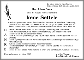Traueranzeige von Irene Settele von Allgäuer Zeitung, Kaufbeuren/Buchloe