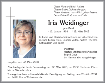Traueranzeige von Iris Weidinger von Der Westallgäuer