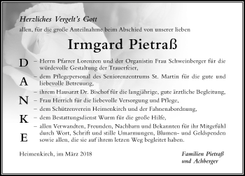 Traueranzeige von Irmgard Pietraß von Der Westallgäuer