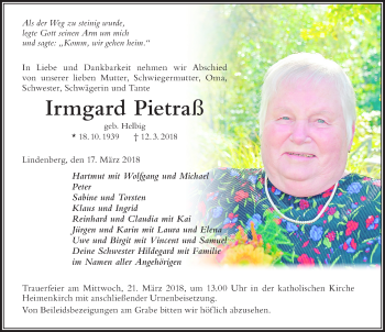 Traueranzeige von Irmgard Pietraß von Der Westallgäuer
