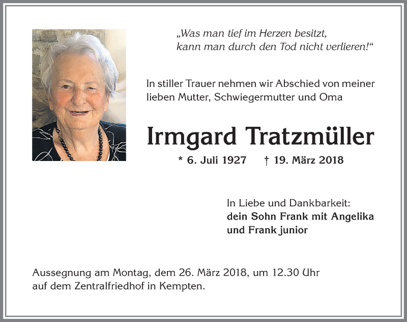  Traueranzeige für Irmgard Tratzmüller vom 23.03.2018 aus Allgäuer Zeitung,Kempten