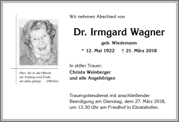 Traueranzeige von Irmgard Wagner von Allgäuer Zeitung,Kempten
