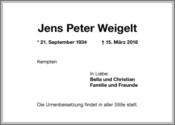 Traueranzeige von Jens Peter Weigelt von Allgäuer Zeitung,Kempten