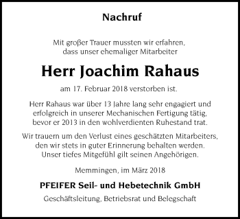 Traueranzeige von Joachim Rahaus von Memminger Zeitung