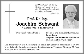 Traueranzeige von Joachim Schwant von Allgäuer Anzeigeblatt