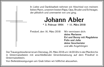 Traueranzeige von Johann Abler von Allgäuer Anzeigeblatt