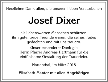 Traueranzeige von Josef Dixer von Allgäuer Zeitung