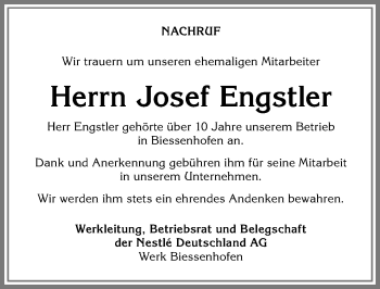Traueranzeige von Josef Engstler von Allgäuer Zeitung
