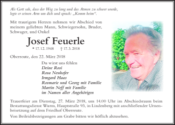 Traueranzeige von Josef Feuerle von Der Westallgäuer