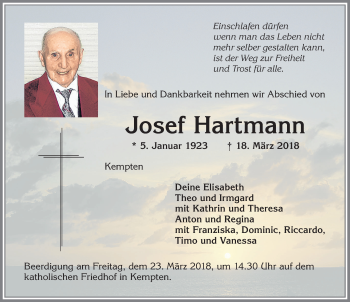 Traueranzeige von Josef Hartmann von Allgäuer Zeitung,Kempten