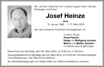 Traueranzeige von Josef Heinze von Memminger Zeitung