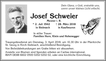 Traueranzeige von Josef Schweier von Allgäuer Zeitung