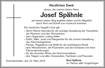 Traueranzeige von Josef Spähnle von Allgäuer Anzeigeblatt