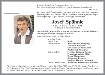 Traueranzeige von Josef Spähnle von Allgäuer Zeitung