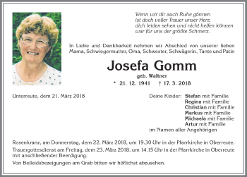 Traueranzeige von Josefa Gomm von Allgäuer Zeitung
