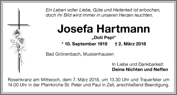 Traueranzeige von Josefa Hartmann von Memminger Zeitung