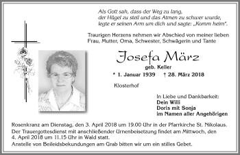 Traueranzeige von Josefa März von Allgäuer Zeitung, Marktoberdorf