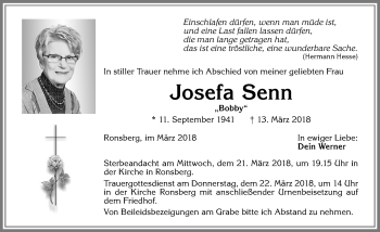 Traueranzeige von Josefa Senn von Allgäuer Zeitung, Marktoberdorf