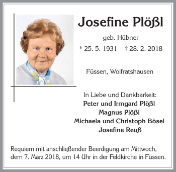 Traueranzeige von Josefine Plößl von Allgäuer Zeitung, Füssen