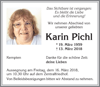 Traueranzeige von Karin Pichl von Allgäuer Zeitung,Kempten
