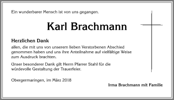 Traueranzeige von Karl Brachmann von Allgäuer Zeitung, Kaufbeuren/Buchloe
