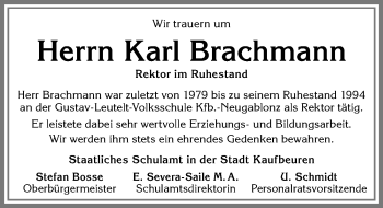 Traueranzeige von Karl Brachmann von Allgäuer Zeitung, Kaufbeuren/Buchloe