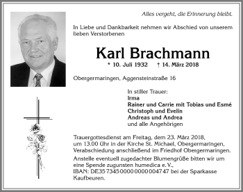Traueranzeige von Karl Brachmann von Allgäuer Zeitung, Kaufbeuren/Buchloe