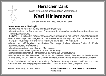Traueranzeige von Karl Hirlemann von Memminger Zeitung