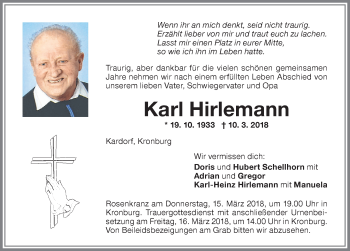 Traueranzeige von Karl Hirlemann von Memminger Zeitung