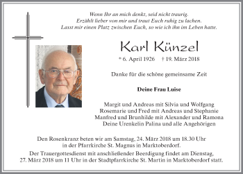 Traueranzeige von Karl Künzel von Allgäuer Zeitung, Marktoberdorf