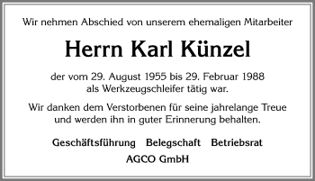 Traueranzeige von Karl Künzel von Allgäuer Zeitung, Marktoberdorf
