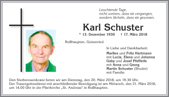Traueranzeige von Karl Schuster von Allgäuer Zeitung, Füssen