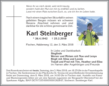 Traueranzeige von Karl Steinberger von Allgäuer Anzeigeblatt