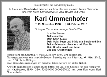 Traueranzeige von Karl Ummenhofer von Allgäuer Zeitung, Marktoberdorf