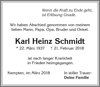 Traueranzeige von Karl Heinz Schmidt von Allgäuer Zeitung,Kempten