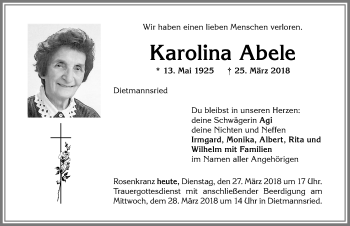 Traueranzeige von Karolina Abele von Allgäuer Zeitung,Kempten