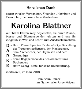 Traueranzeige von Karolina Blattner von Allgäuer Zeitung,Kempten