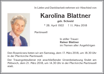 Traueranzeige von Karolina Blattner von Allgäuer Zeitung,Kempten