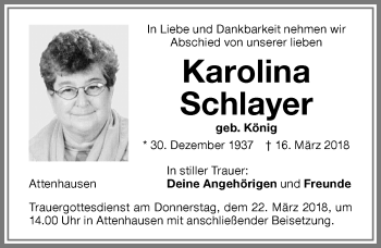 Traueranzeige von Karolina Schlayer von Memminger Zeitung