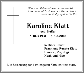 Traueranzeige von Karoline Klatt von Allgäuer Anzeigeblatt