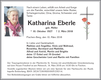 Traueranzeige von Katharina Eberle von Allgäuer Anzeigeblatt