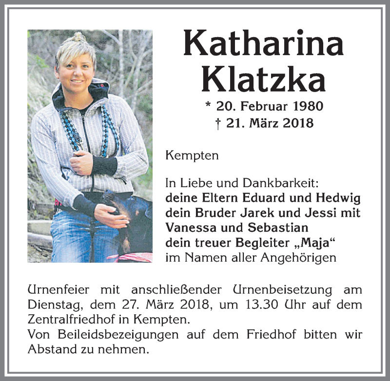  Traueranzeige für Katharina Klatzka vom 24.03.2018 aus Allgäuer Zeitung,Kempten