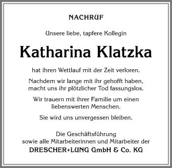 Traueranzeige von Katharina Klatzka von Allgäuer Zeitung,Kempten
